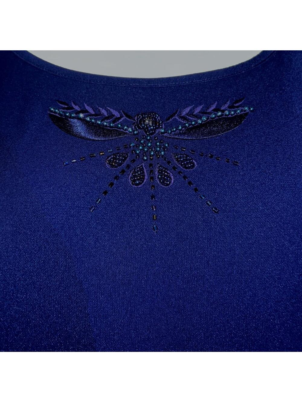 intricate dragonfly beadwork dark blue sleeveless sleek top